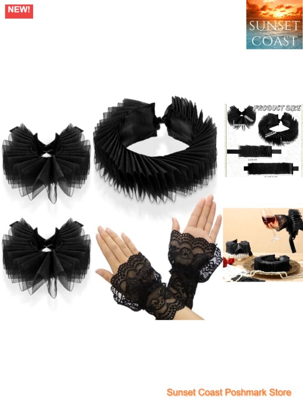 Renaissance Collar and Cuff Set with Fingerless Lace Gloves Organza